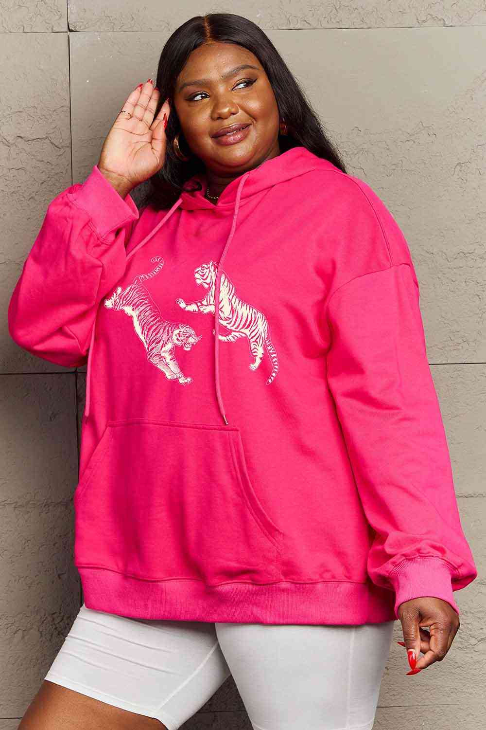 Full Size Dropped Shoulder Tiger Graphic Hoodie - Hoodie - Hot Pink - Bella Bourget