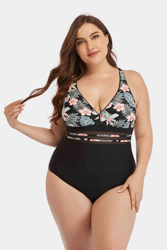 Full Size Floral Cutout Tie - Back One - Piece Swimsuit - Full Size One - Piece Swimsuit - Black - Bella Bourget