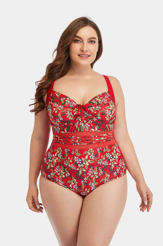 Full Size Floral Drawstring Detail One - Piece Swimsuit - Full Size One - Piece Swimsuit - Red - Bella Bourget
