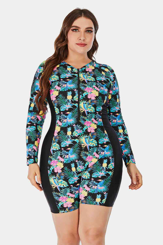 Full Size Floral Zip Up Long Sleeve Short Wetsuit - Full Size One - Piece - Floral - Bella Bourget