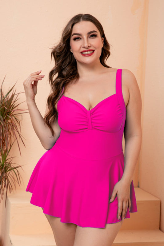Full Size Gathered Detail Swim Dress - One - Piece Swimsuit - Hot Pink - Bella Bourget