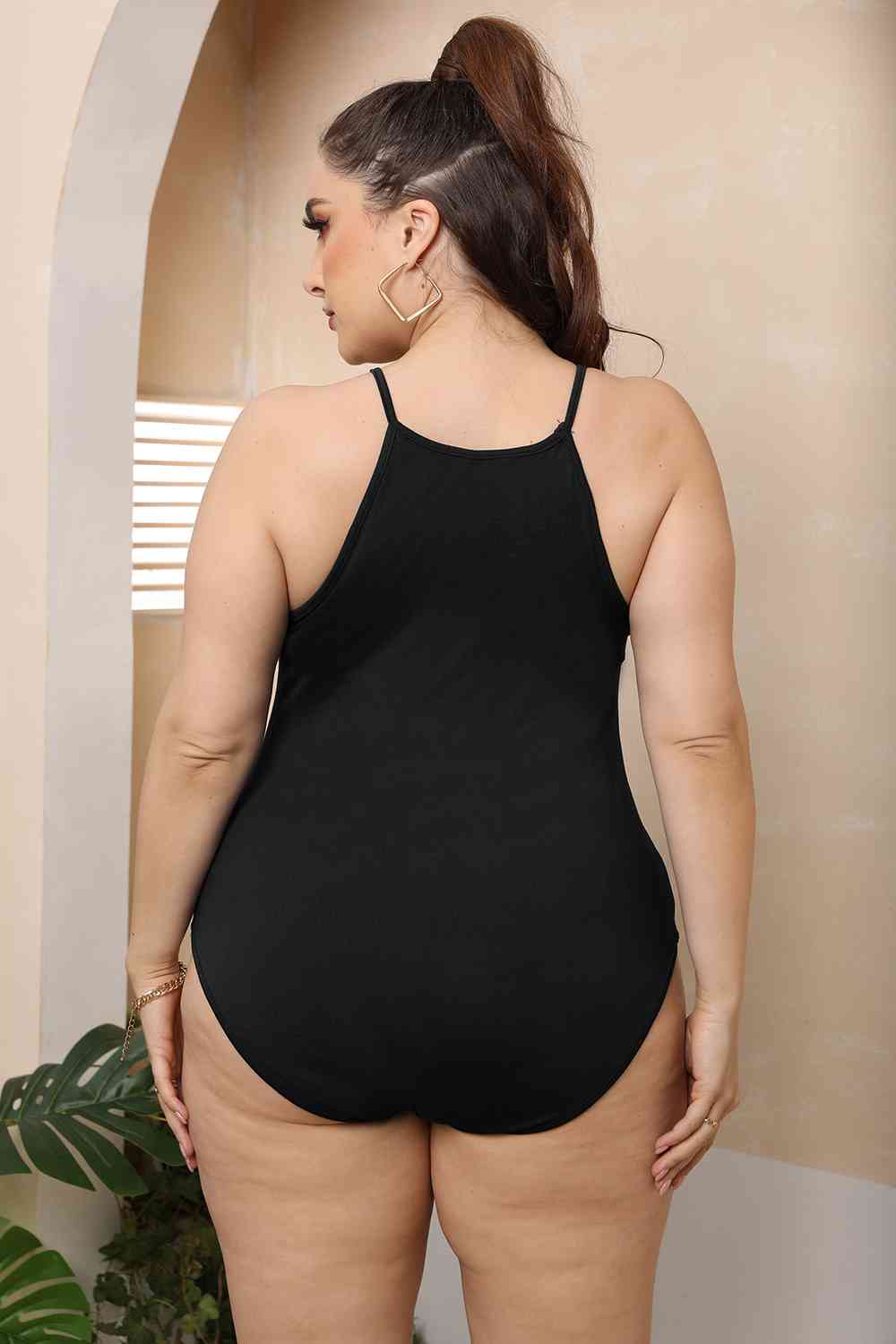 Full Size Halter Neck Spaghetti Strap Bodysuit - Full Size Teddies & Bodysuit - Black - Bella Bourget