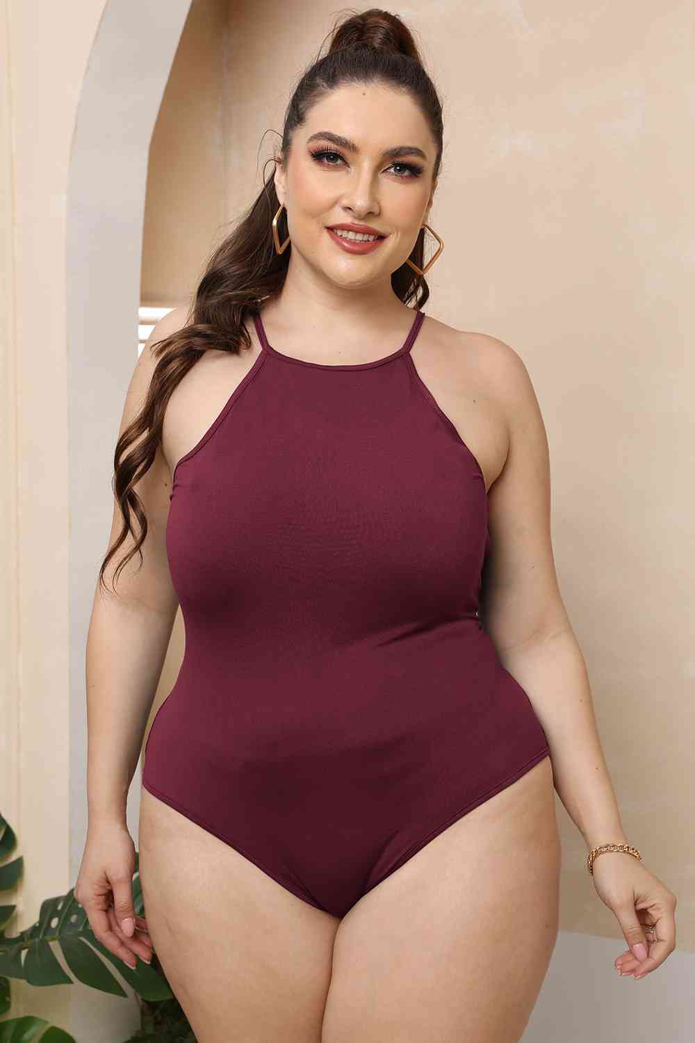 Full Size Halter Neck Spaghetti Strap Bodysuit - Full Size Teddies & Bodysuit - Wine - Bella Bourget