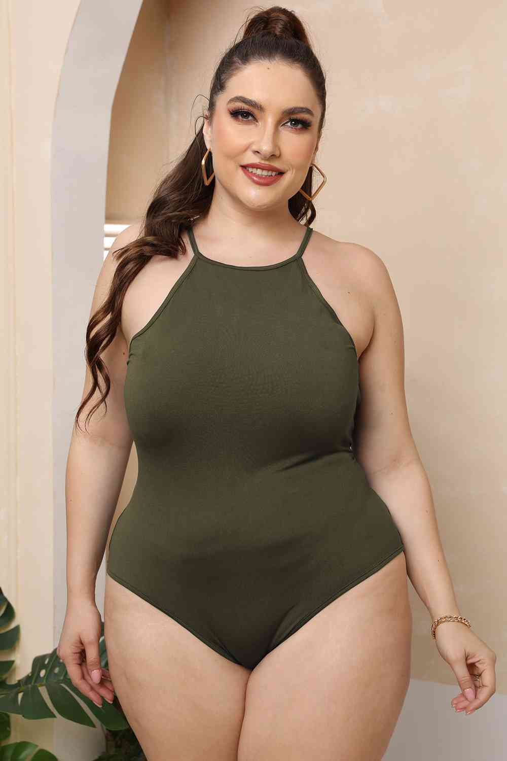 Full Size Halter Neck Spaghetti Strap Bodysuit - Full Size Teddies & Bodysuit - Moss - Bella Bourget