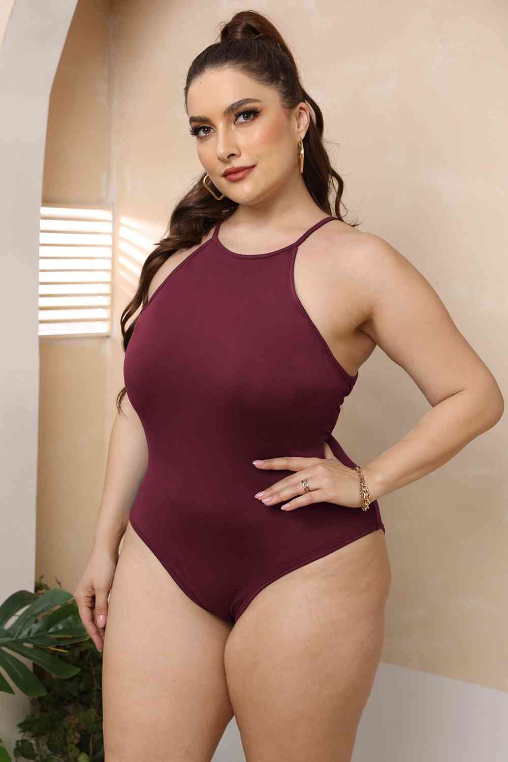 Full Size Halter Neck Spaghetti Strap Bodysuit - Full Size Teddies & Bodysuit - Wine - Bella Bourget