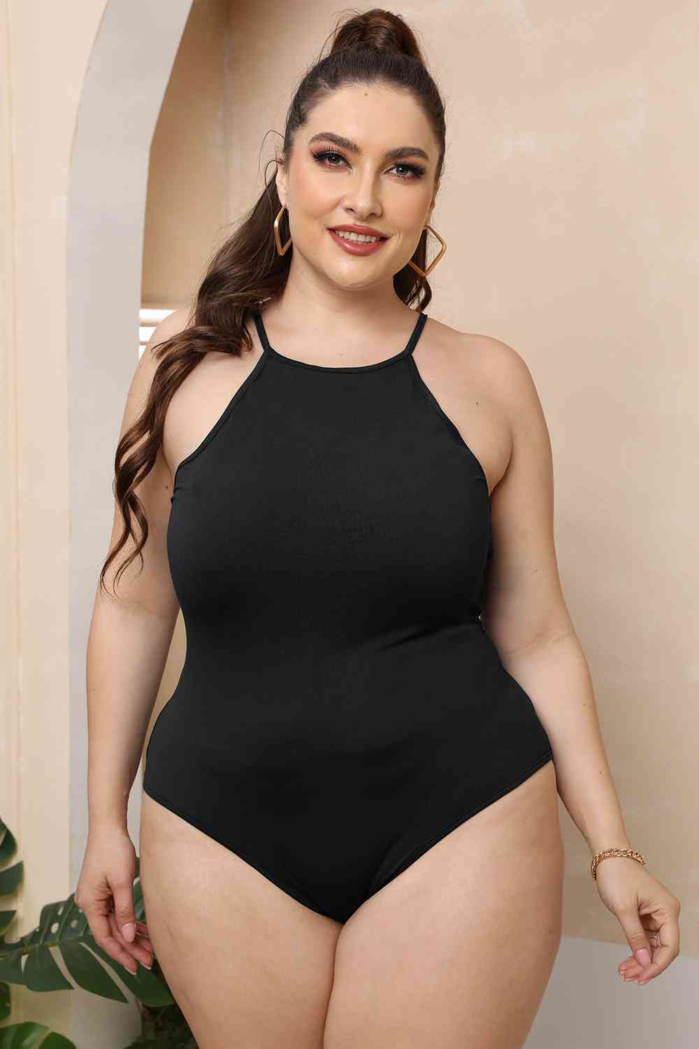 Full Size Halter Neck Spaghetti Strap Bodysuit - Full Size Teddies & Bodysuit - Black - Bella Bourget