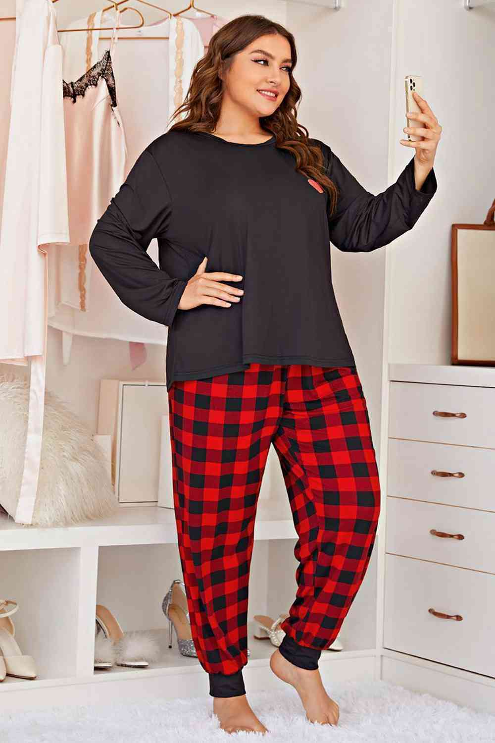 Full Size Heart Graphic Top and Plaid Joggers Lounge Set - Loungewear - Black - Bella Bourget