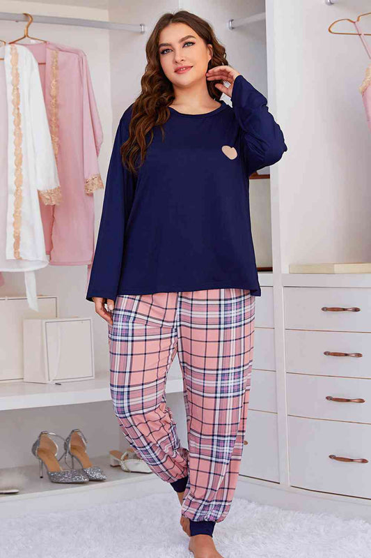 Full Size Heart Graphic Top and Plaid Joggers Lounge Set - Loungewear - Navy - Bella Bourget
