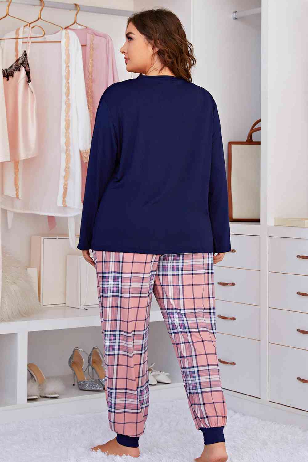 Full Size Heart Graphic Top and Plaid Joggers Lounge Set - Loungewear - Navy - Bella Bourget