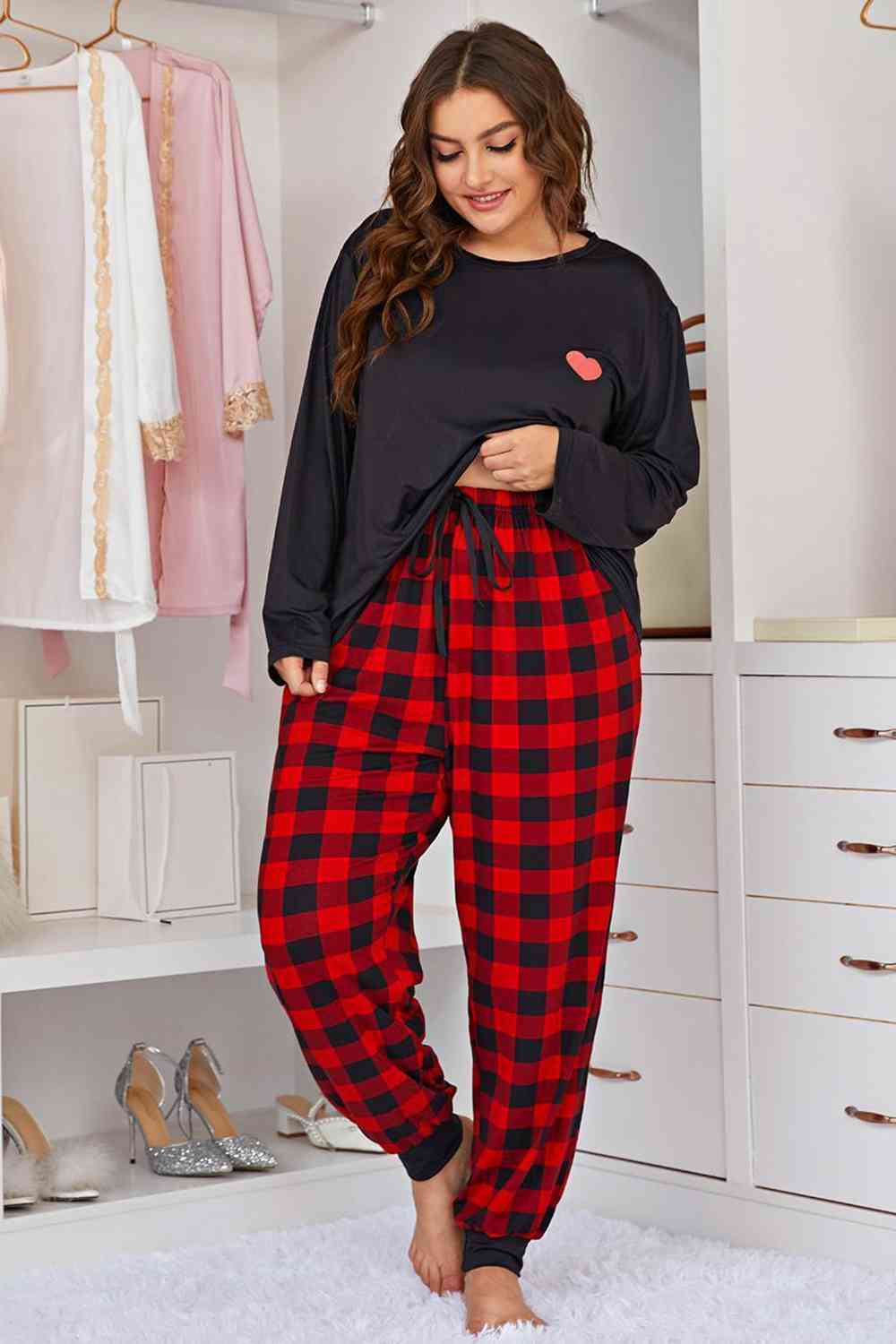 Full Size Heart Graphic Top and Plaid Joggers Lounge Set - Loungewear - Black - Bella Bourget