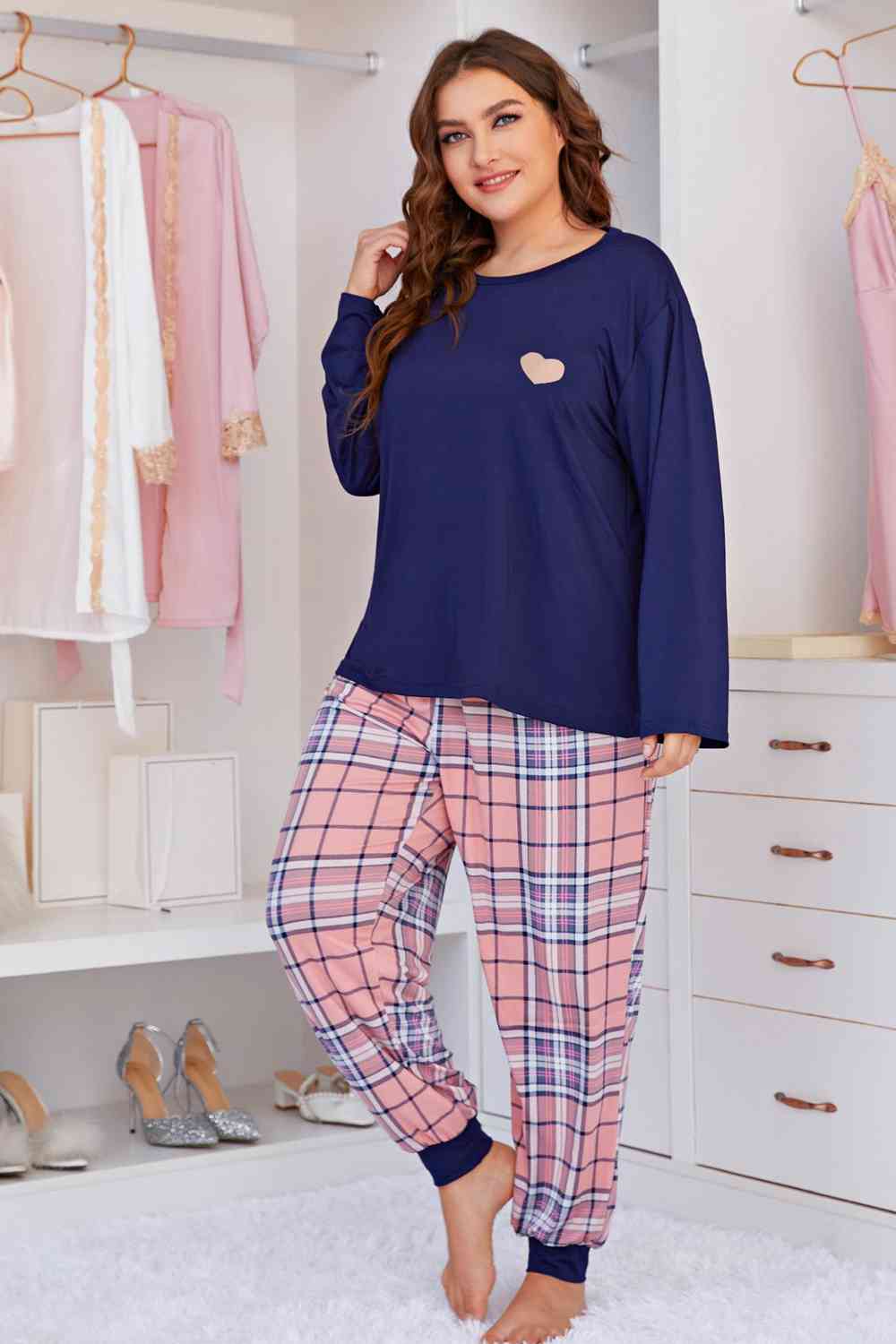 Full Size Heart Graphic Top and Plaid Joggers Lounge Set - Loungewear - Navy - Bella Bourget