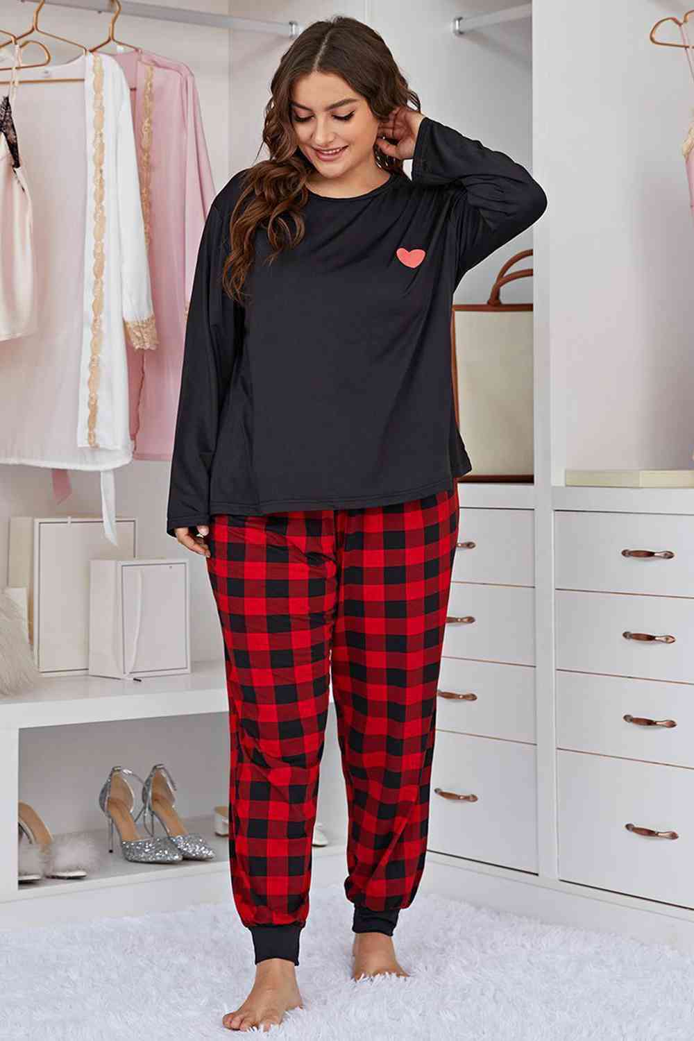 Full Size Heart Graphic Top and Plaid Joggers Lounge Set - Loungewear - Black - Bella Bourget