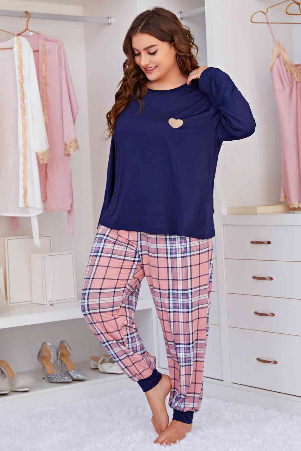 Full Size Heart Graphic Top and Plaid Joggers Lounge Set - Loungewear - Navy - Bella Bourget