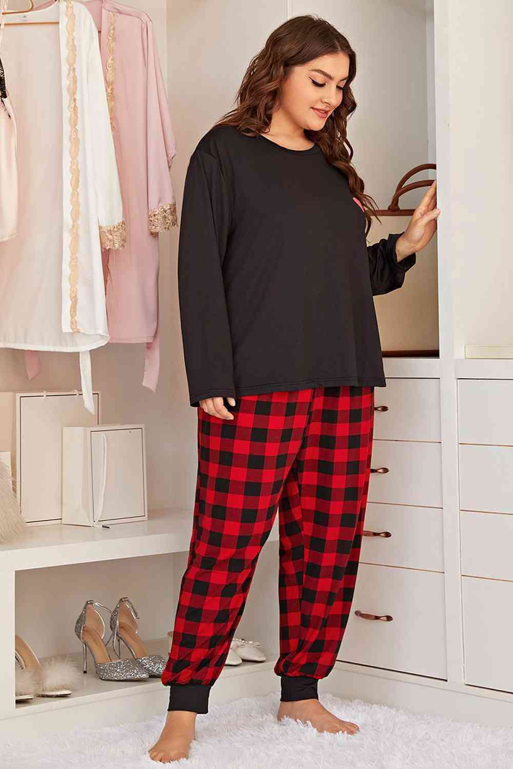 Full Size Heart Graphic Top and Plaid Joggers Lounge Set - Loungewear - Black - Bella Bourget