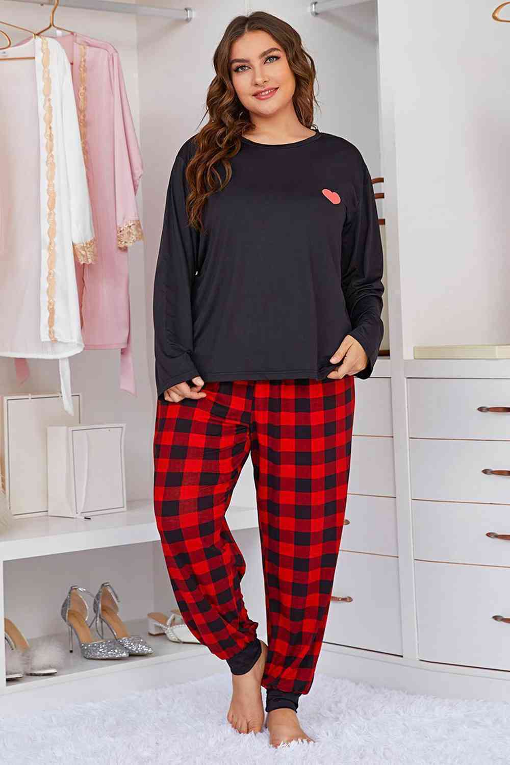 Full Size Heart Graphic Top and Plaid Joggers Lounge Set - Loungewear - Black - Bella Bourget