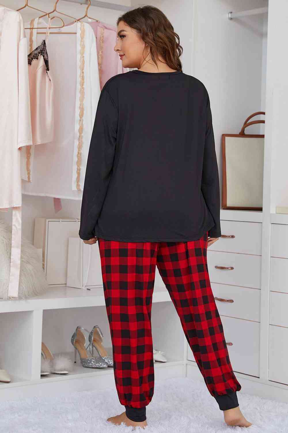 Full Size Heart Graphic Top and Plaid Joggers Lounge Set - Loungewear - Black - Bella Bourget