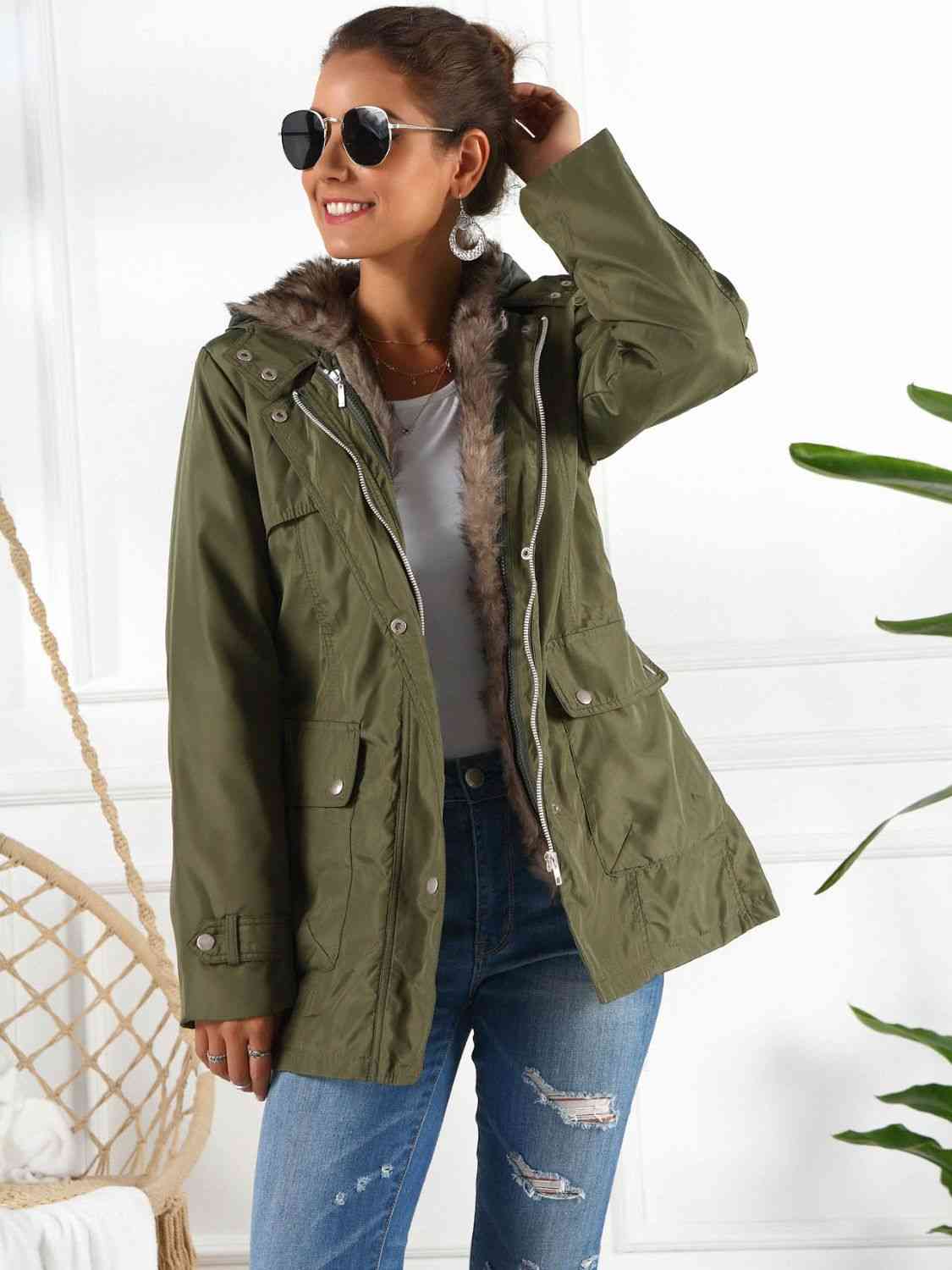 Full Size Hooded Jacket with Detachable Liner (Three - Way Wear) - Full - Size Jackets - Army Green - Bella Bourget