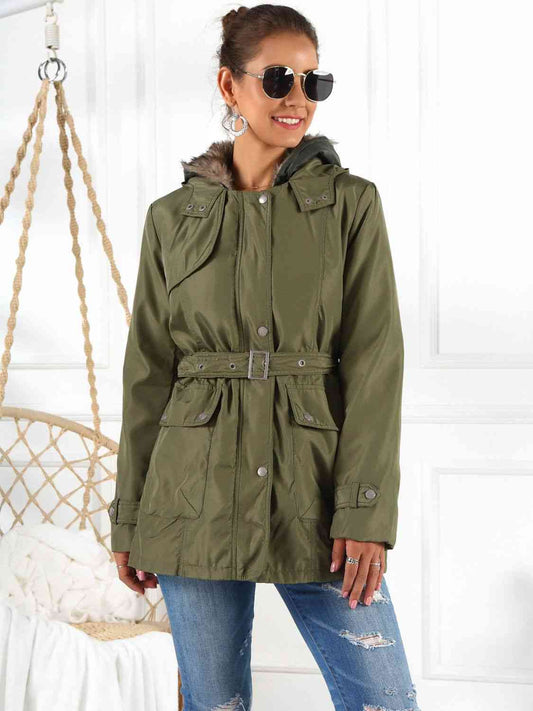 Full Size Hooded Jacket with Detachable Liner (Three - Way Wear) - Full - Size Jackets - Army Green - Bella Bourget