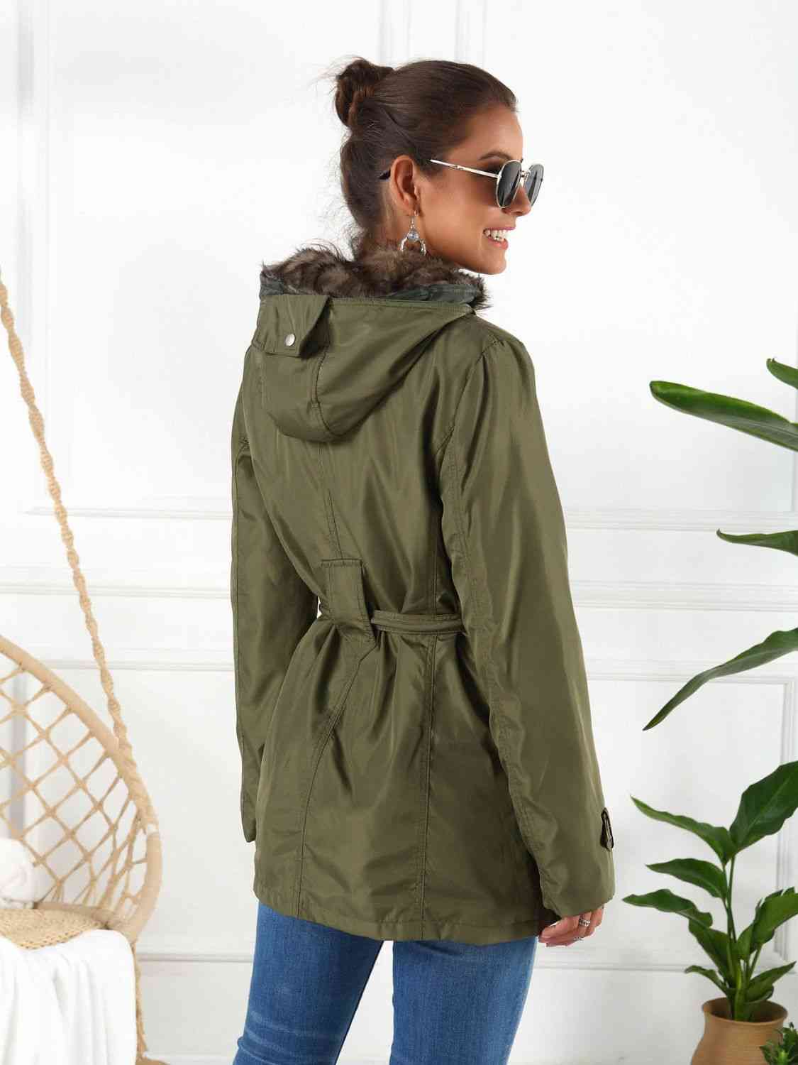 Full Size Hooded Jacket with Detachable Liner (Three - Way Wear) - Full - Size Jackets - Army Green - Bella Bourget