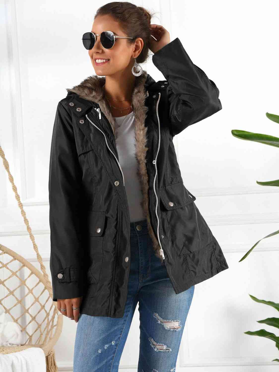 Full Size Hooded Jacket with Detachable Liner (Three - Way Wear) - Full - Size Jackets - Black - Bella Bourget