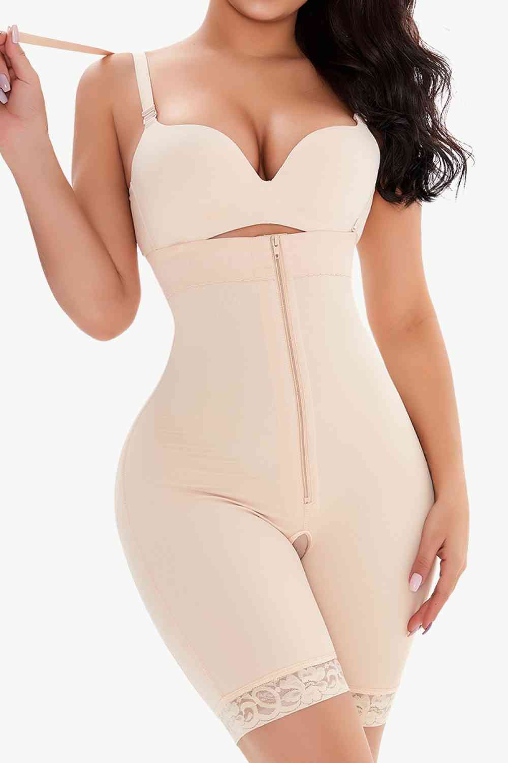 Full Size Lace Detail Zip - Up Under - Bust Shaping Bodysuit - Bodysuit - Beige - Bella Bourget