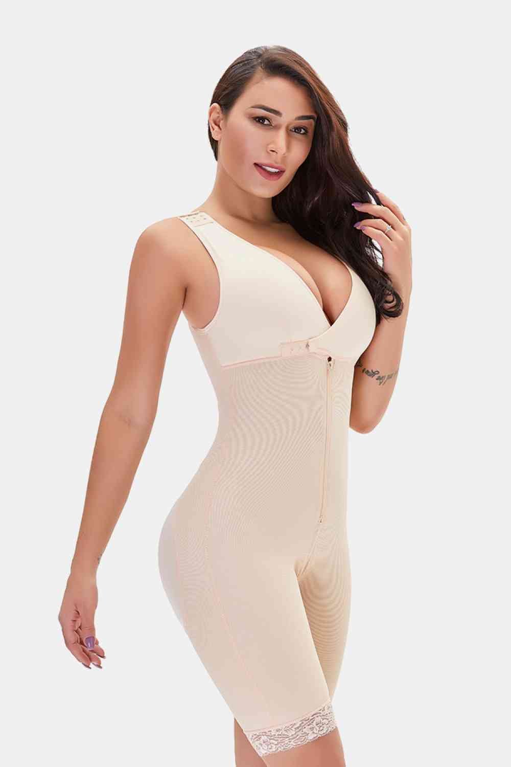 Full Size Lace Trim Shapewear with Zipper - Shapewear - Apricot - Bella Bourget