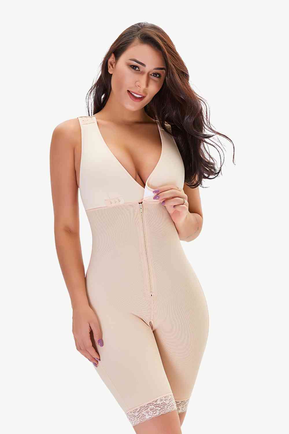 Full Size Lace Trim Shapewear with Zipper - Shapewear - Apricot - Bella Bourget