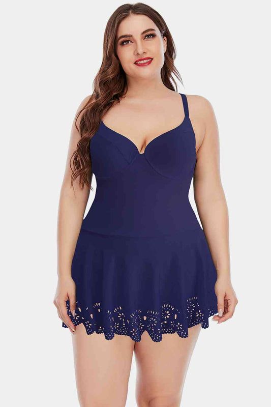 Full Size Lace Trim Sweetheart Neck Swim Dress - Full Size One - Piece Swimsuit - Indigo - Bella Bourget
