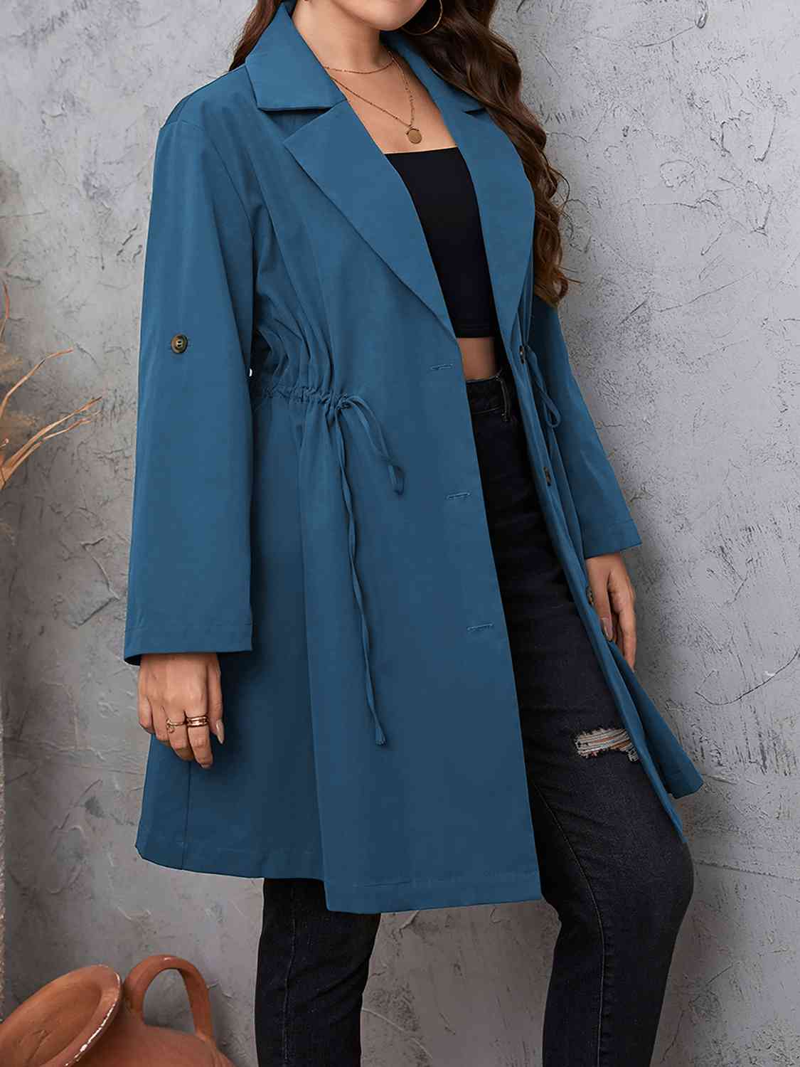 Full size lapel collar drawstring trench coat with roll - tab sleeves - Full Size Trench Coat - Dusty Blue - Bella Bourget