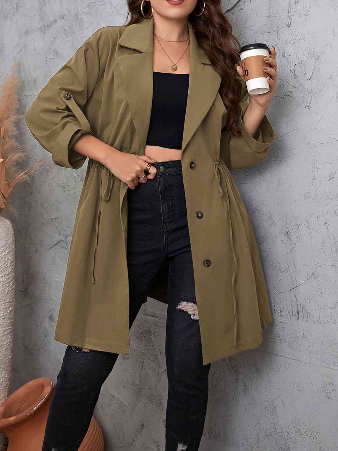 Full size lapel collar drawstring trench coat with roll - tab sleeves - Full Size Trench Coat - Mocha - Bella Bourget