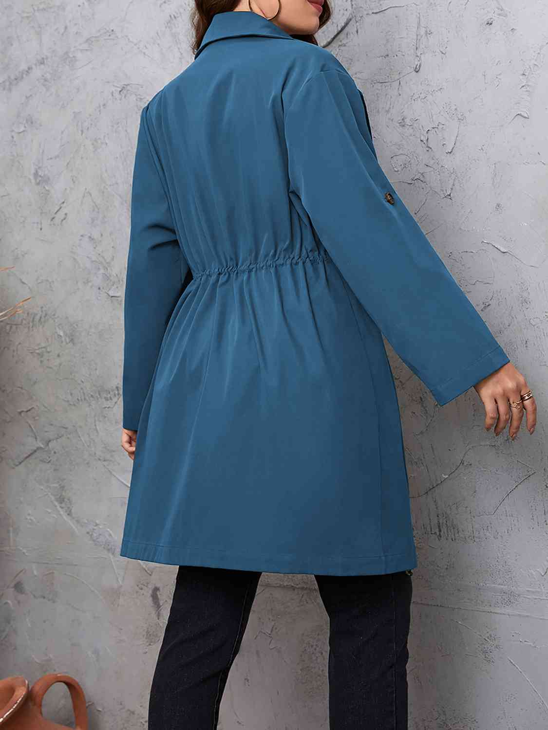 Full size lapel collar drawstring trench coat with roll - tab sleeves - Full Size Trench Coat - Dusty Blue - Bella Bourget