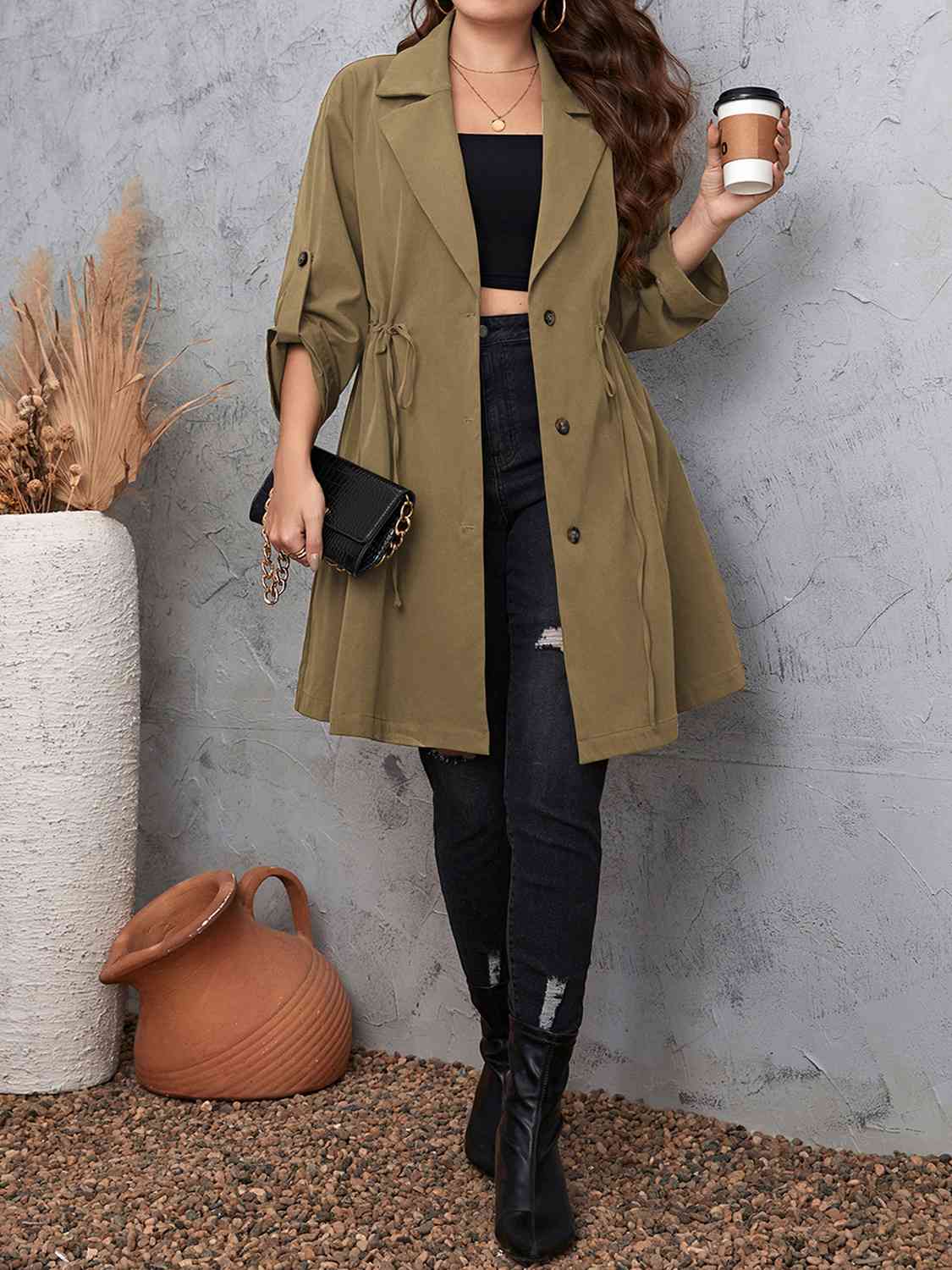 Full size lapel collar drawstring trench coat with roll - tab sleeves - Full Size Trench Coat - Mocha - Bella Bourget