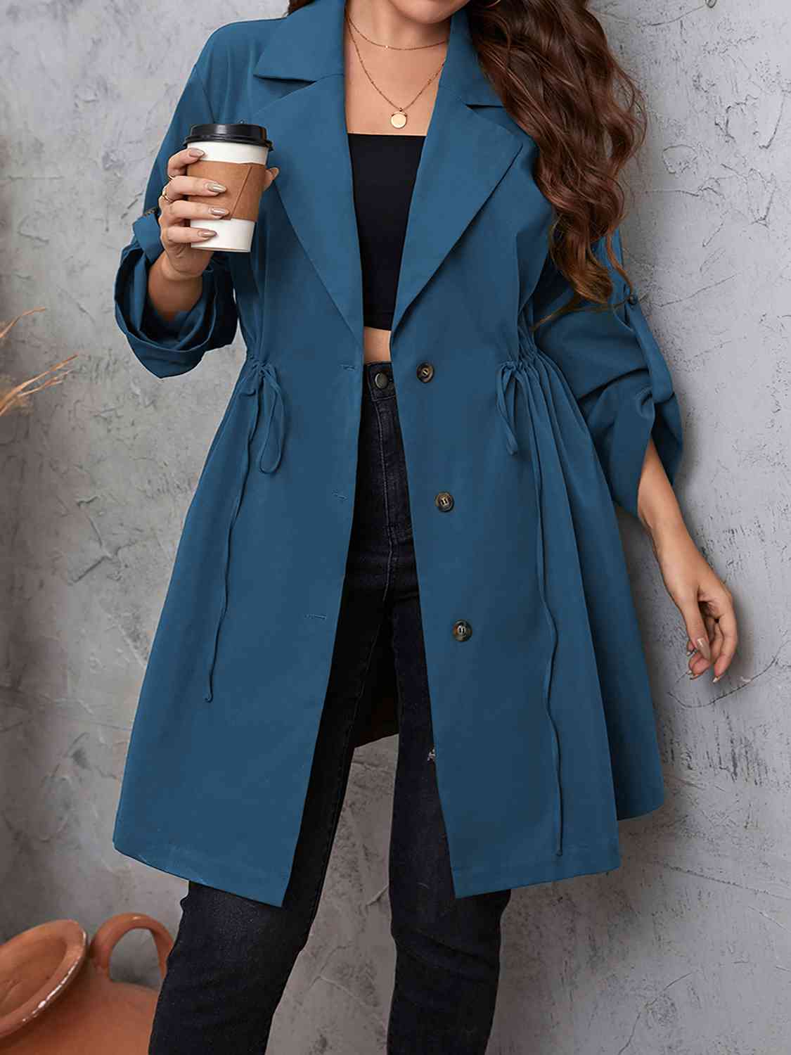 Full size lapel collar drawstring trench coat with roll - tab sleeves - Full Size Trench Coat - Dusty Blue - Bella Bourget