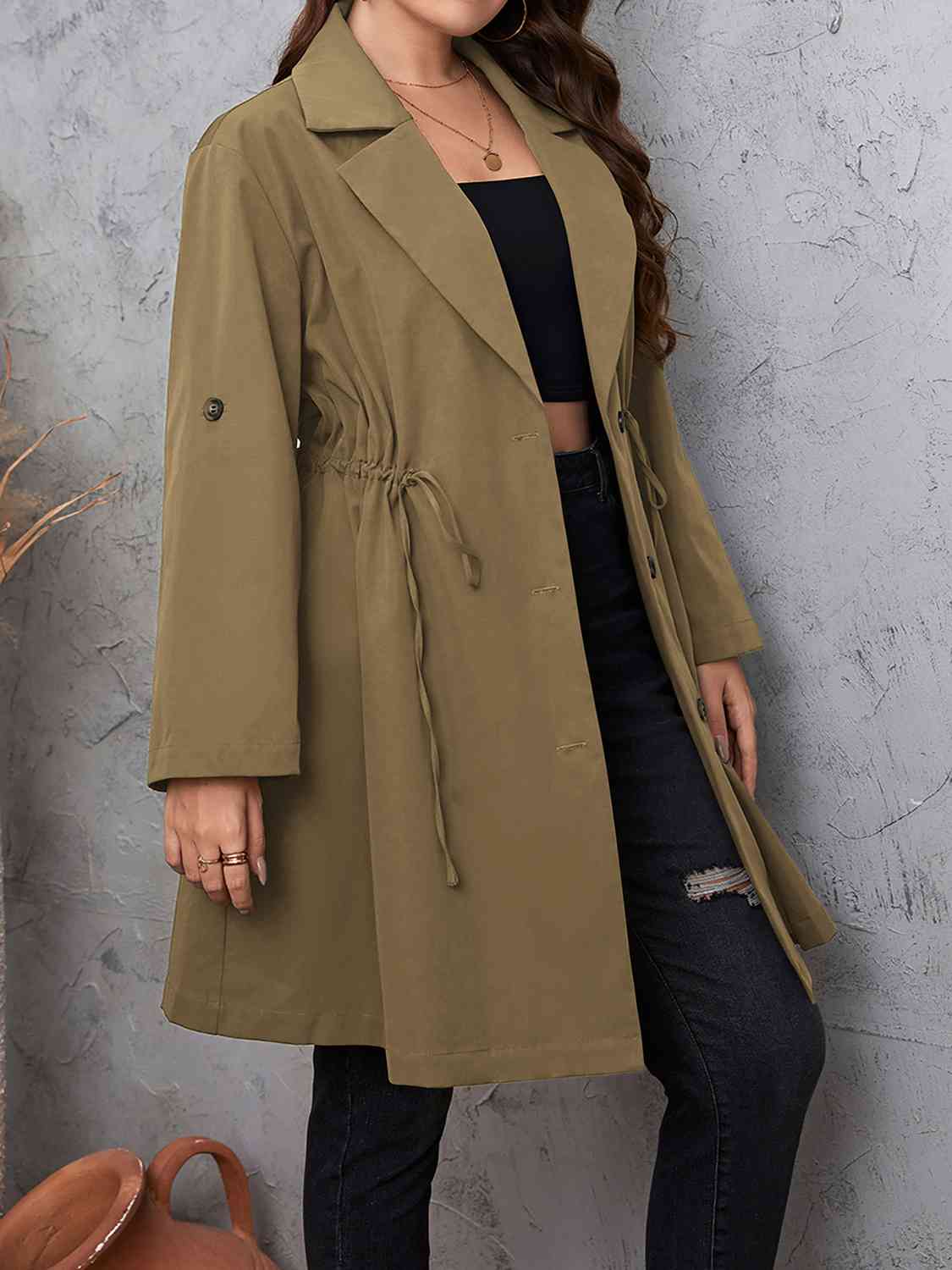 Full size lapel collar drawstring trench coat with roll - tab sleeves - Full Size Trench Coat - Mocha - Bella Bourget