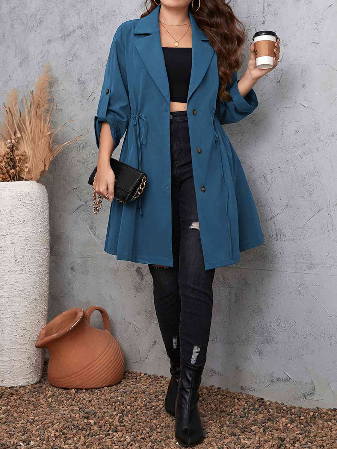 Full size lapel collar drawstring trench coat with roll - tab sleeves - Full Size Trench Coat - Dusty Blue - Bella Bourget