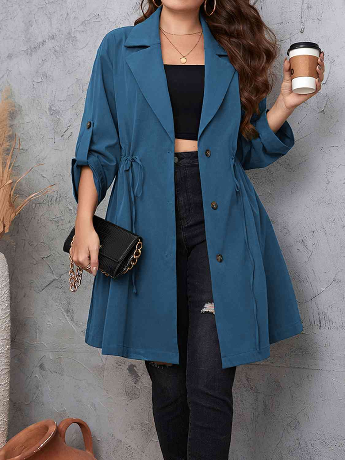 Full size lapel collar drawstring trench coat with roll - tab sleeves - Full Size Trench Coat - Dusty Blue - Bella Bourget