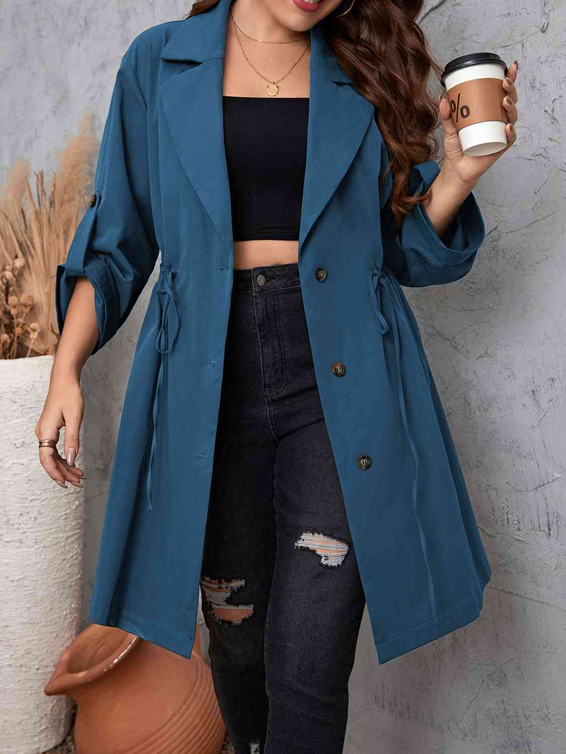 Full size lapel collar drawstring trench coat with roll - tab sleeves - Full Size Trench Coat - Dusty Blue - Bella Bourget