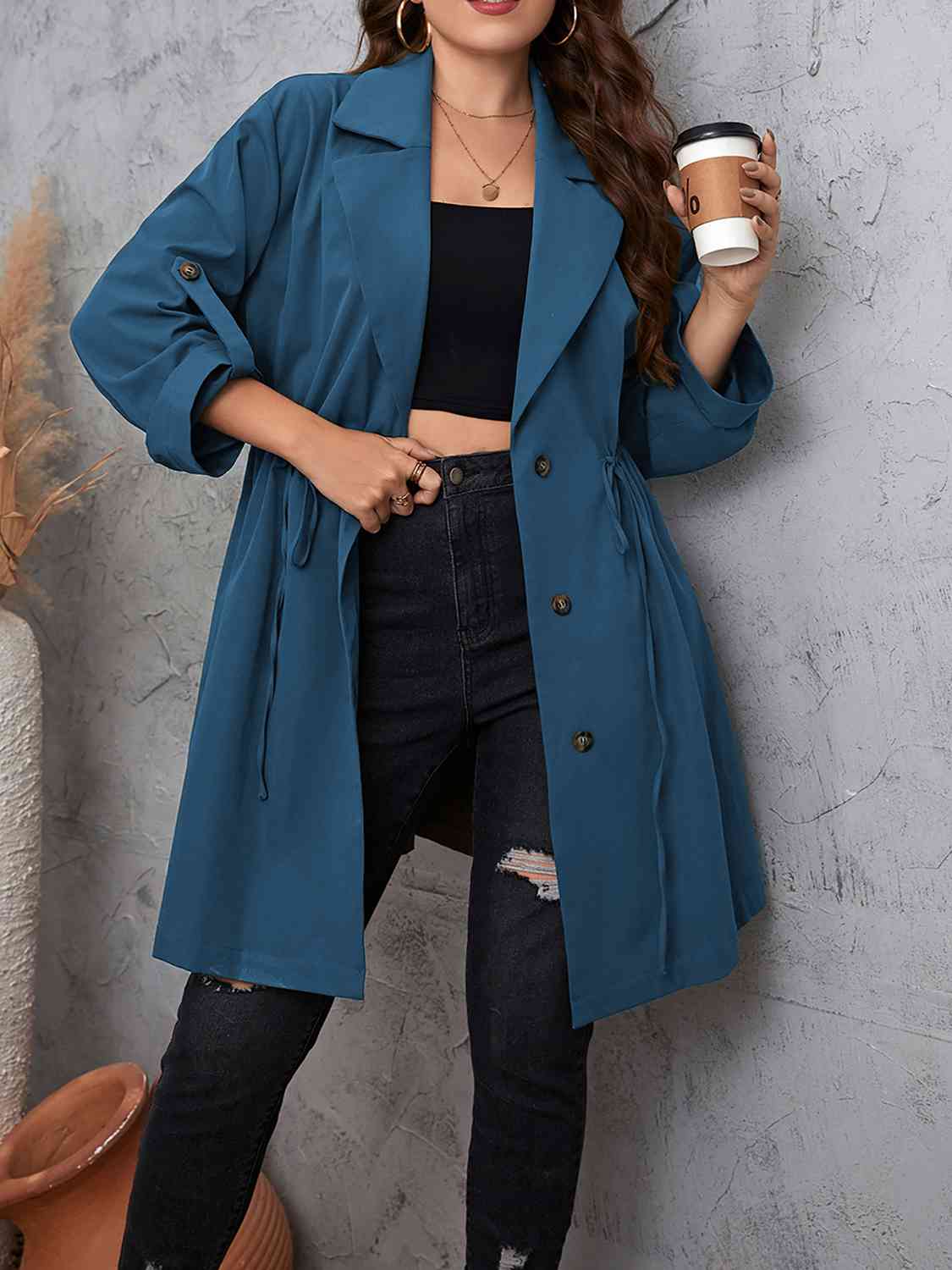 Full size lapel collar drawstring trench coat with roll - tab sleeves - Full Size Trench Coat - Dusty Blue - Bella Bourget