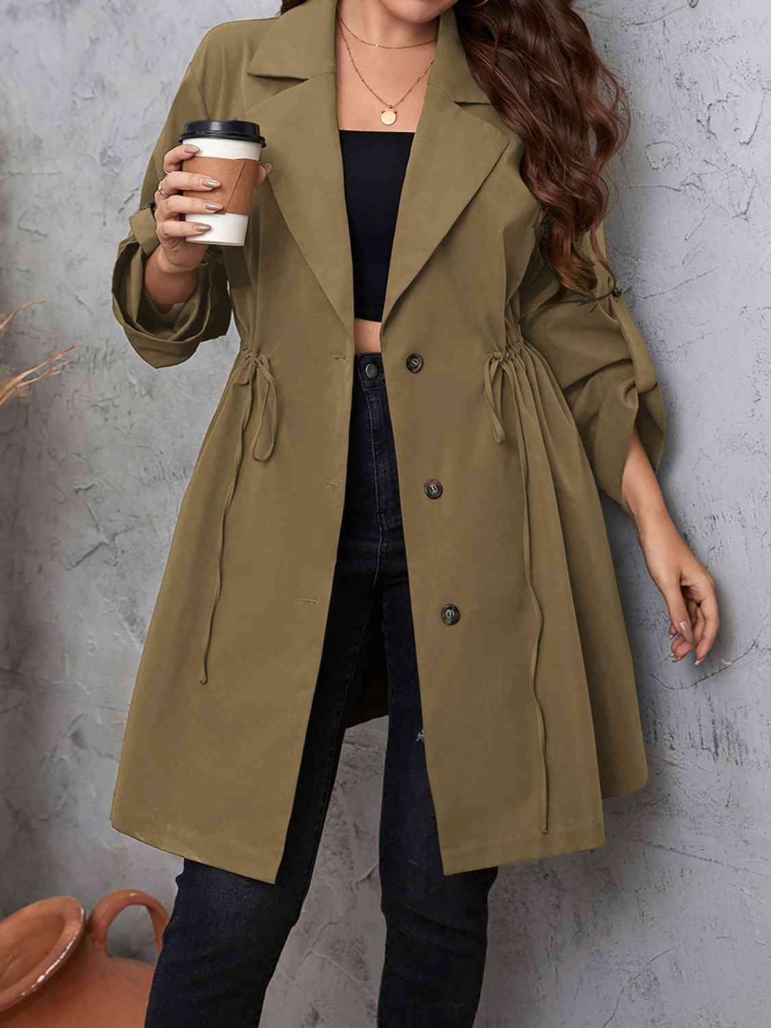 Full size lapel collar drawstring trench coat with roll - tab sleeves - Full Size Trench Coat - Mocha - Bella Bourget