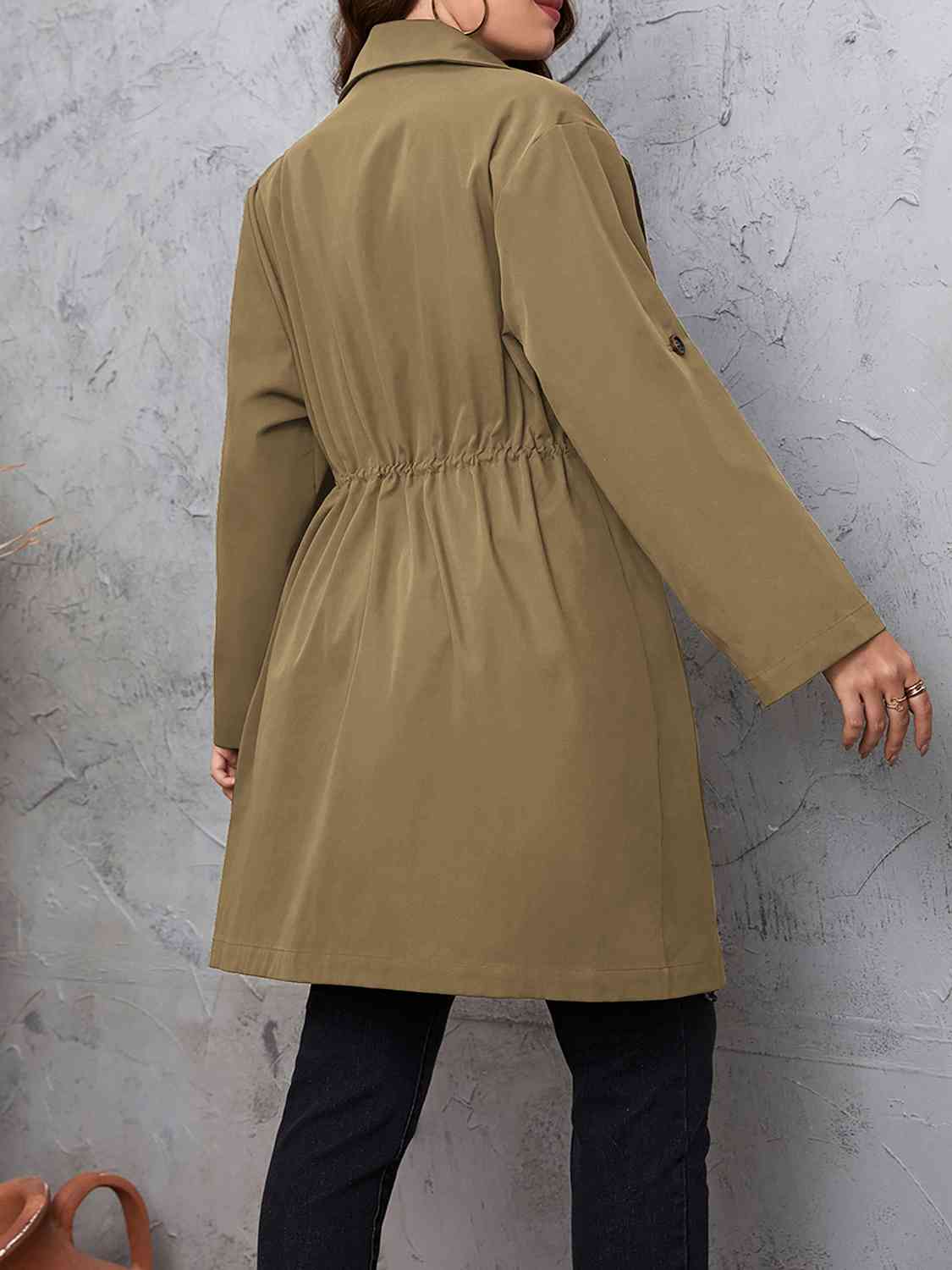 Full size lapel collar drawstring trench coat with roll - tab sleeves - Full Size Trench Coat - Mocha - Bella Bourget