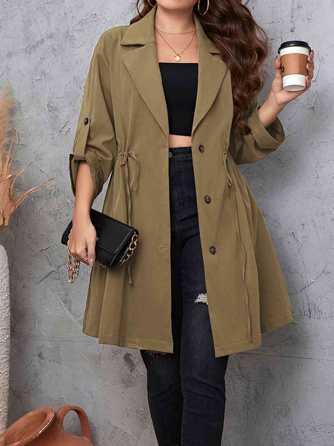 Full size lapel collar drawstring trench coat with roll - tab sleeves - Full Size Trench Coat - Mocha - Bella Bourget