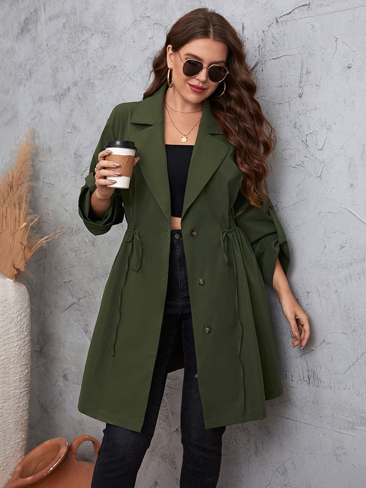 Full Size Lapel Collar Roll - Tab Sleeve Trench Coat - Full Size Coat - Green - Bella Bourget