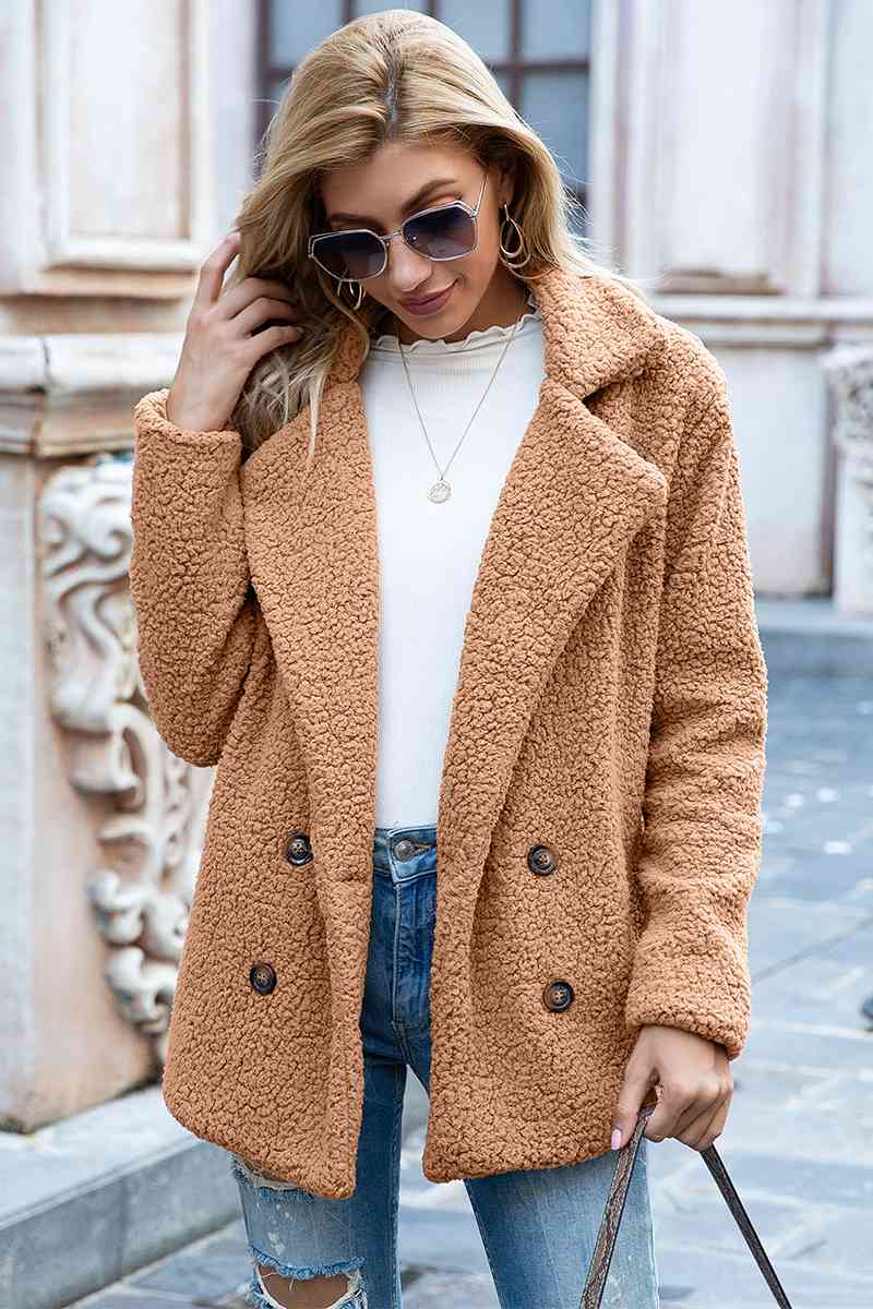 Full Size Lapel Collar Sherpa Coat - Full Size Coat - Camel - Bella Bourget