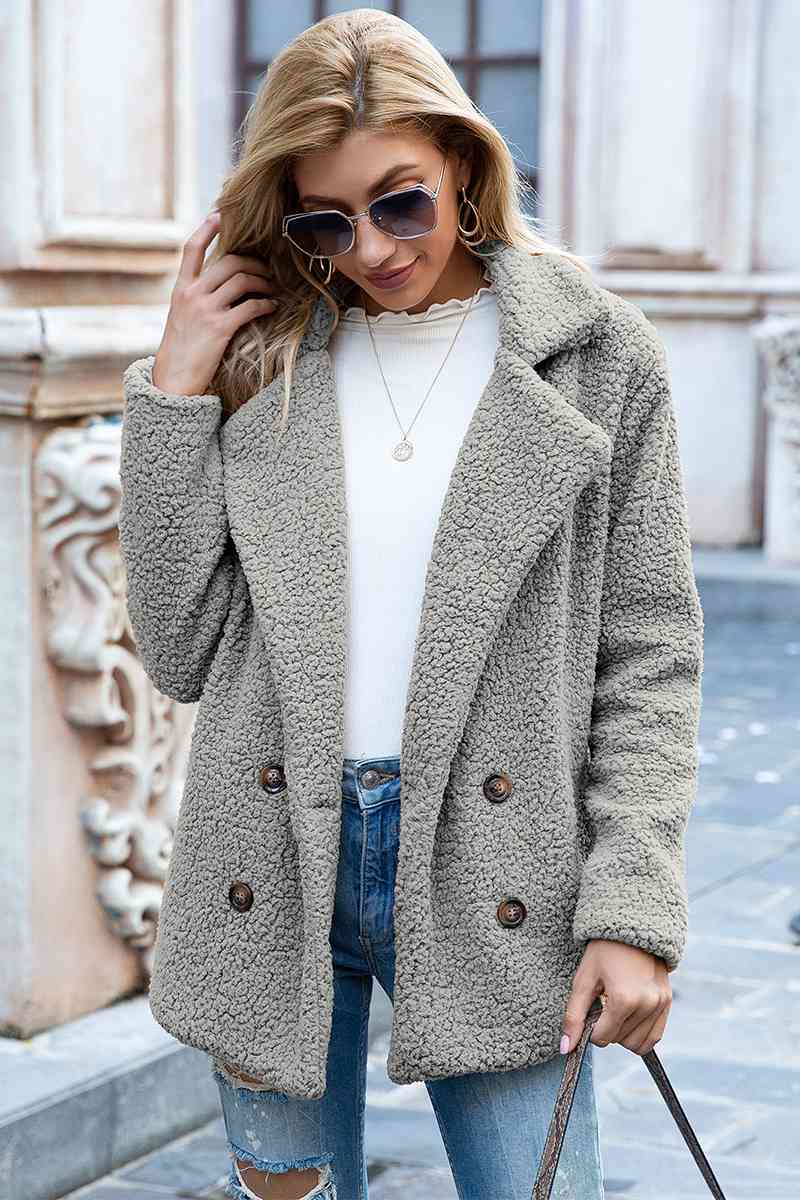 Full Size Lapel Collar Sherpa Coat - Full Size Coat - Light Gray - Bella Bourget