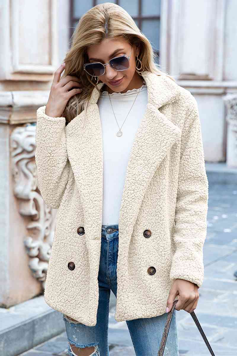 Full Size Lapel Collar Sherpa Coat - Full Size Coat - Cream - Bella Bourget