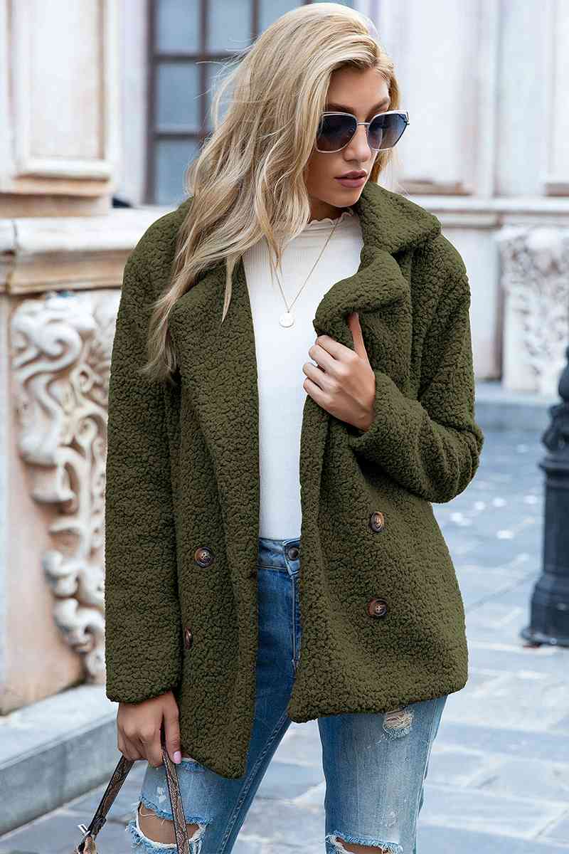 Full Size Lapel Collar Sherpa Coat - Full Size Coat - Army Green - Bella Bourget