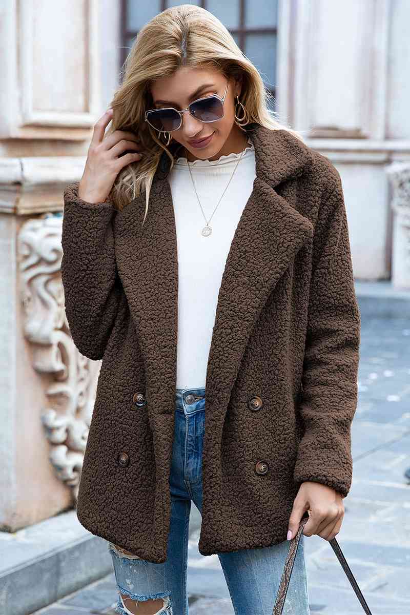 Full Size Lapel Collar Sherpa Coat - Full Size Coat - Coffee Brown - Bella Bourget