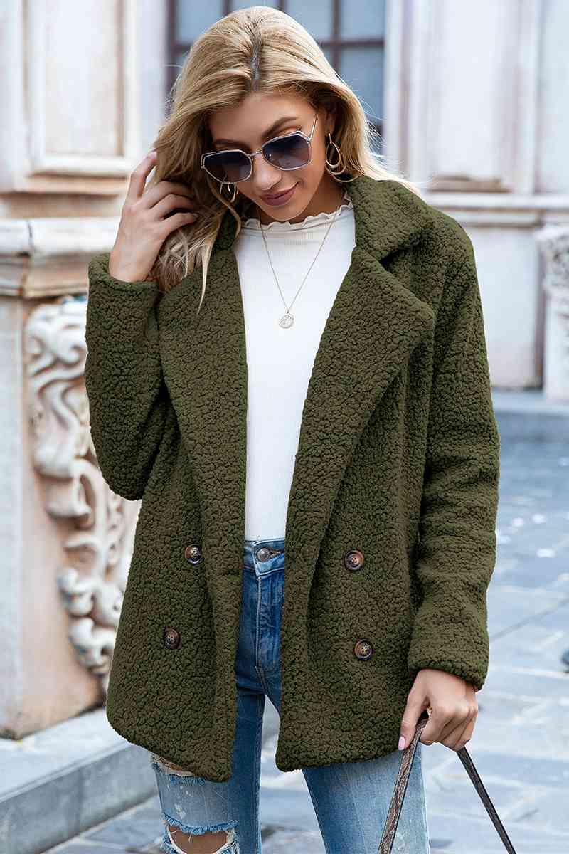 Full Size Lapel Collar Sherpa Coat - Full Size Coat - Army Green - Bella Bourget