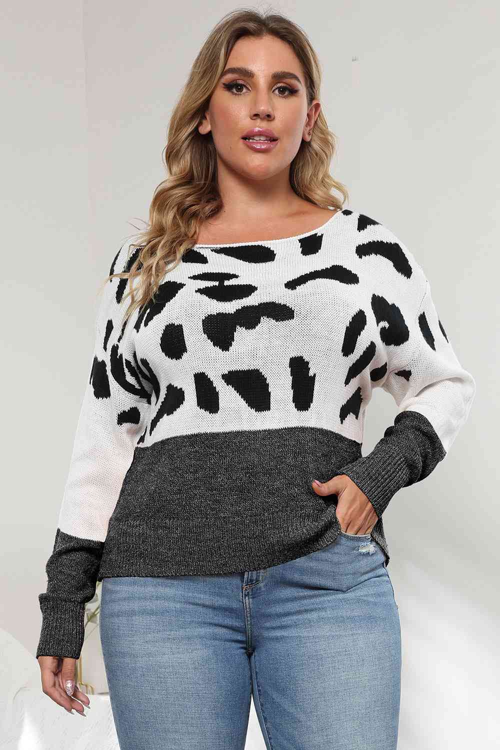 Full Size Leopard Long Sleeve Sweater - Full Size Sweater - Black - Bella Bourget