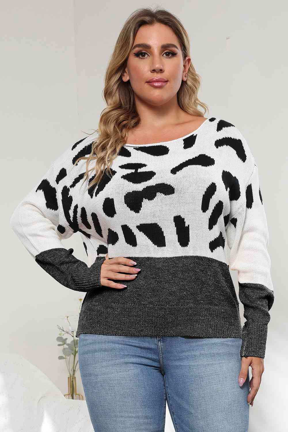 Full Size Leopard Long Sleeve Sweater - Full Size Sweater - Black - Bella Bourget